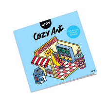 Capa do Livro de colorir Cozy Supermercado da Omy com ilustração de supermercado colorido e personagens divertidas