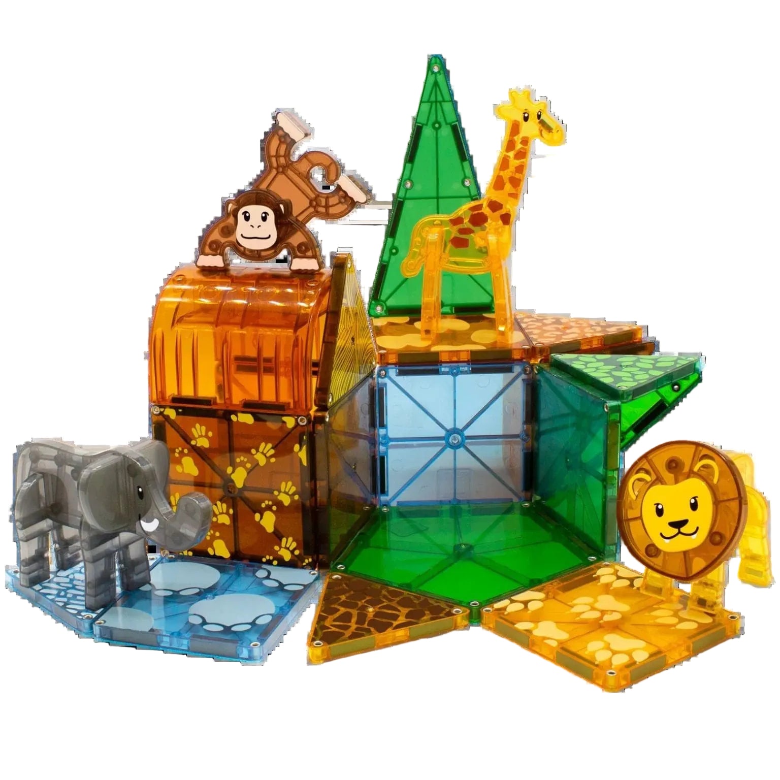 Magna-Tiles Animais do Safari com peças coloridas e animais a construir cenários de selva