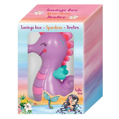 Hucha Caballito de Mar Lila de Spiegelburg en tonos lila, rosa y turquesa, con expresión sonriente y ranura para monedas