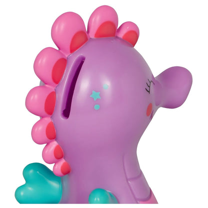 Hucha Caballito de Mar Lila de Spiegelburg en tonos lila, rosa y turquesa, con expresión sonriente y ranura para monedas