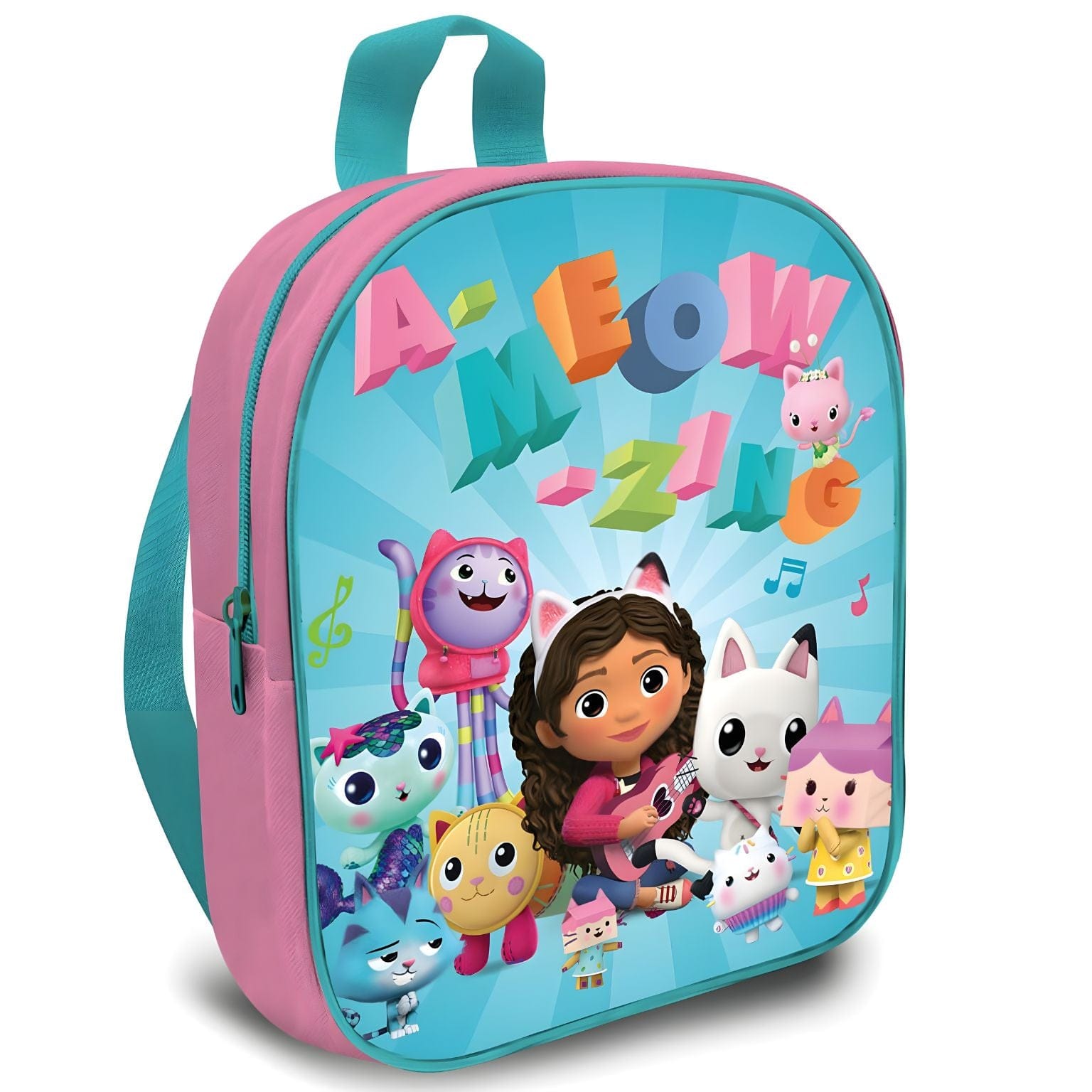 Mochila A Casa de Bonecas da Gabby rosa e turquesa com personagens e música