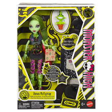 Boneca Monster High Venus McFlytrap com cabelo verde e rosa, botas rosa e companheiro vegetal