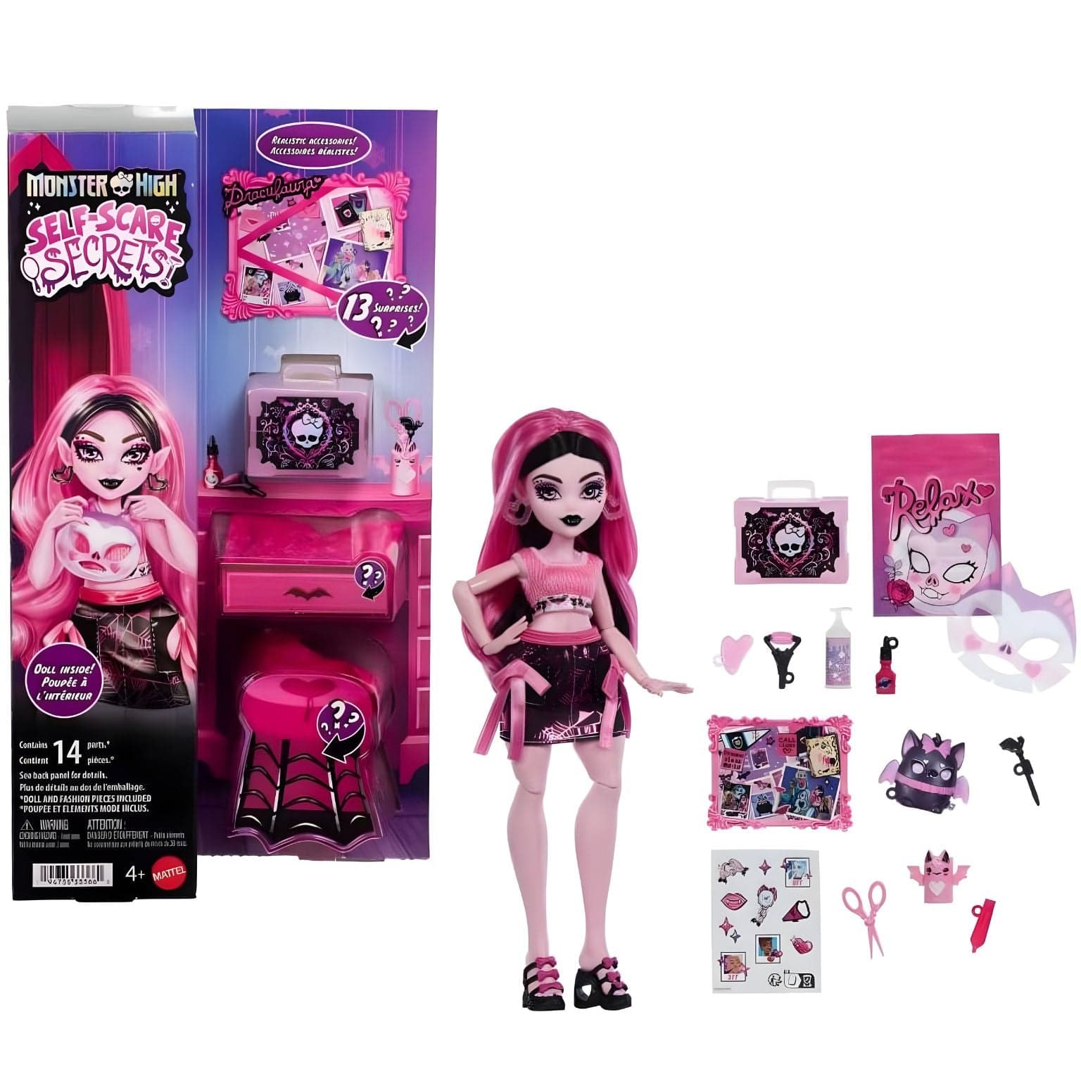 Monster High Self-Scare Secrets Draculaura com cabelo cor-de-rosa e acessórios de faz de conta