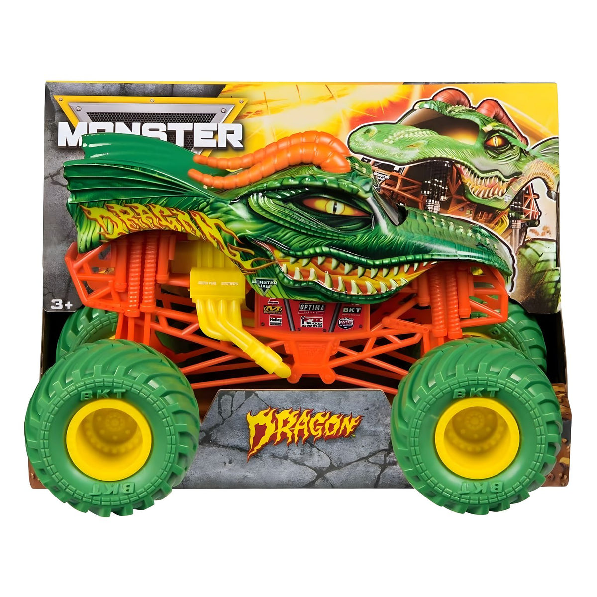 Monster Jam Dragon verde com visual inspirado num dragão e rodas de grande presença