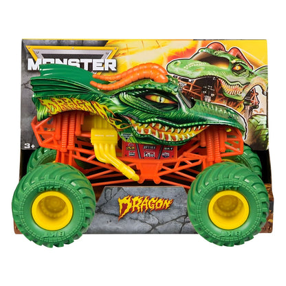 Monster Jam Dragon na embalagem, camião verde com cabeça de dragão