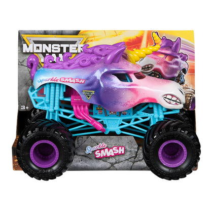 Monster Jam Sparkle Smash na embalagem, camião de unicórnio lilás