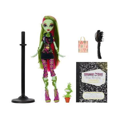 Muñeca Monster High Venus McFlytrap con cabello verde y rosa, botas rosas y compañero vegetal