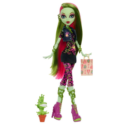 Muñeca Monster High Venus McFlytrap con cabello verde y rosa, botas rosas y compañero vegetal