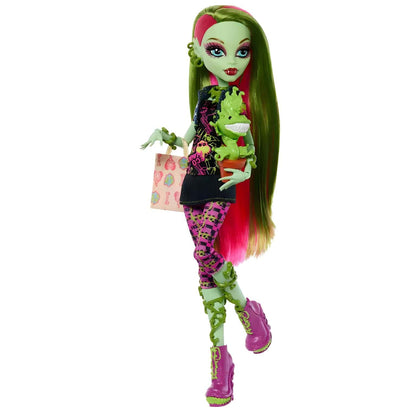 Muñeca Monster High Venus McFlytrap con cabello verde y rosa, botas rosas y compañero vegetal