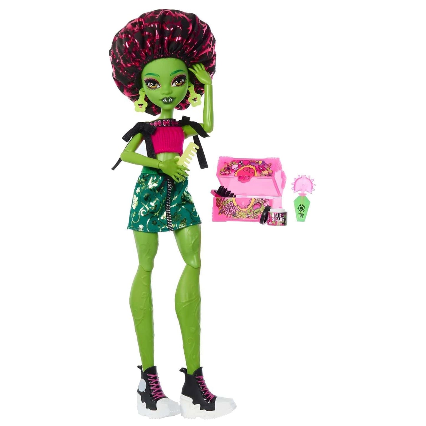 Boneca Monster High Self-Scare Secrets Venus McFlytrap com cabelo rosa, pele verde e acessórios de autocuidado
