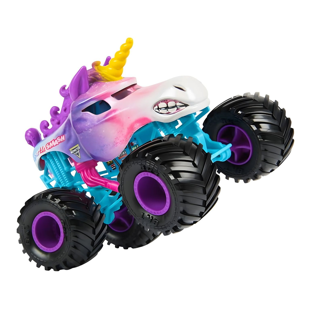 Camião Monster Jam Sparkle Smash com chifre de unicórnio e rodas pretas