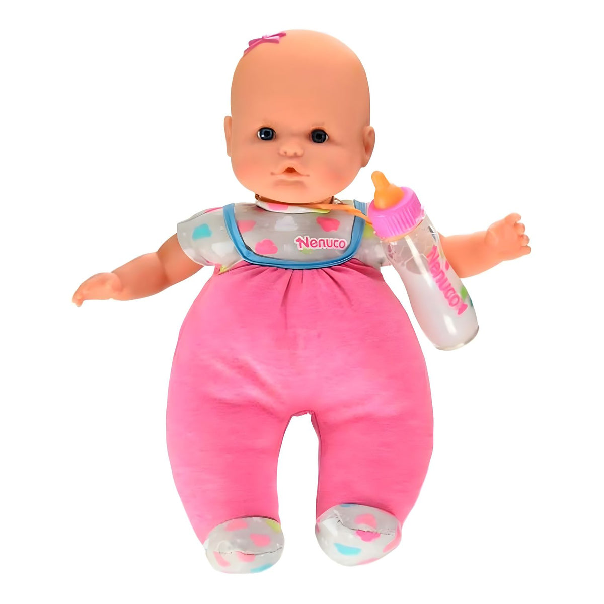 Boneco Nenuco a segurar o biberão mágico com o braço levantado