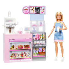 O café da Barbie conjunto cafetaria com balcão, máquina de bebidas e doces