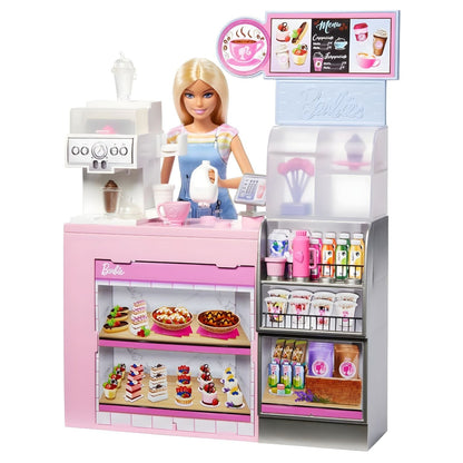 La cafetería de Barbie, set de cafetería con mostrador, máquina de bebidas y dulces