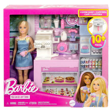 O café da Barbie conjunto cafetaria com balcão, máquina de bebidas e doces