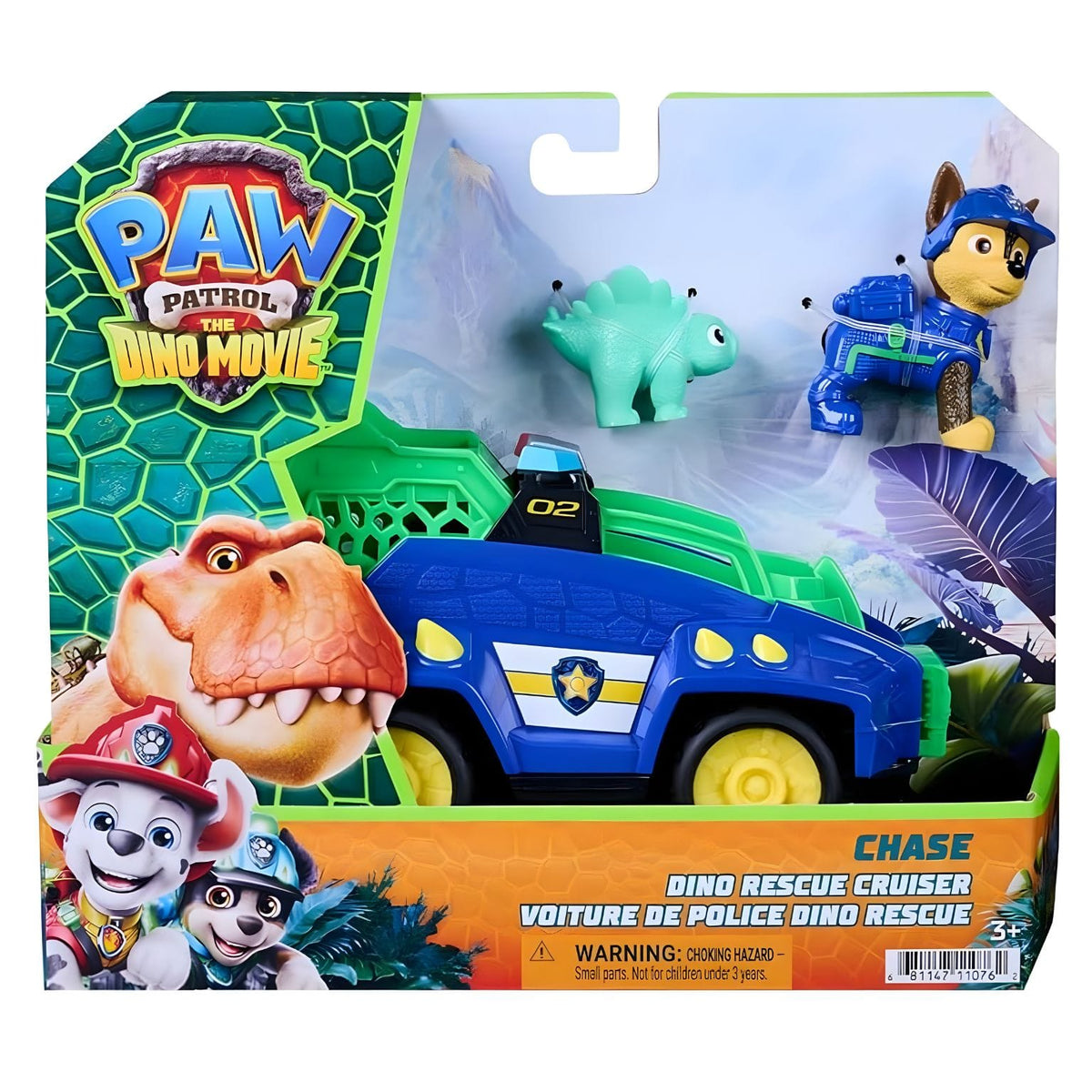 Patrulha Pata The Dino Movie veículo de resgate Chase com figura e dinossauro