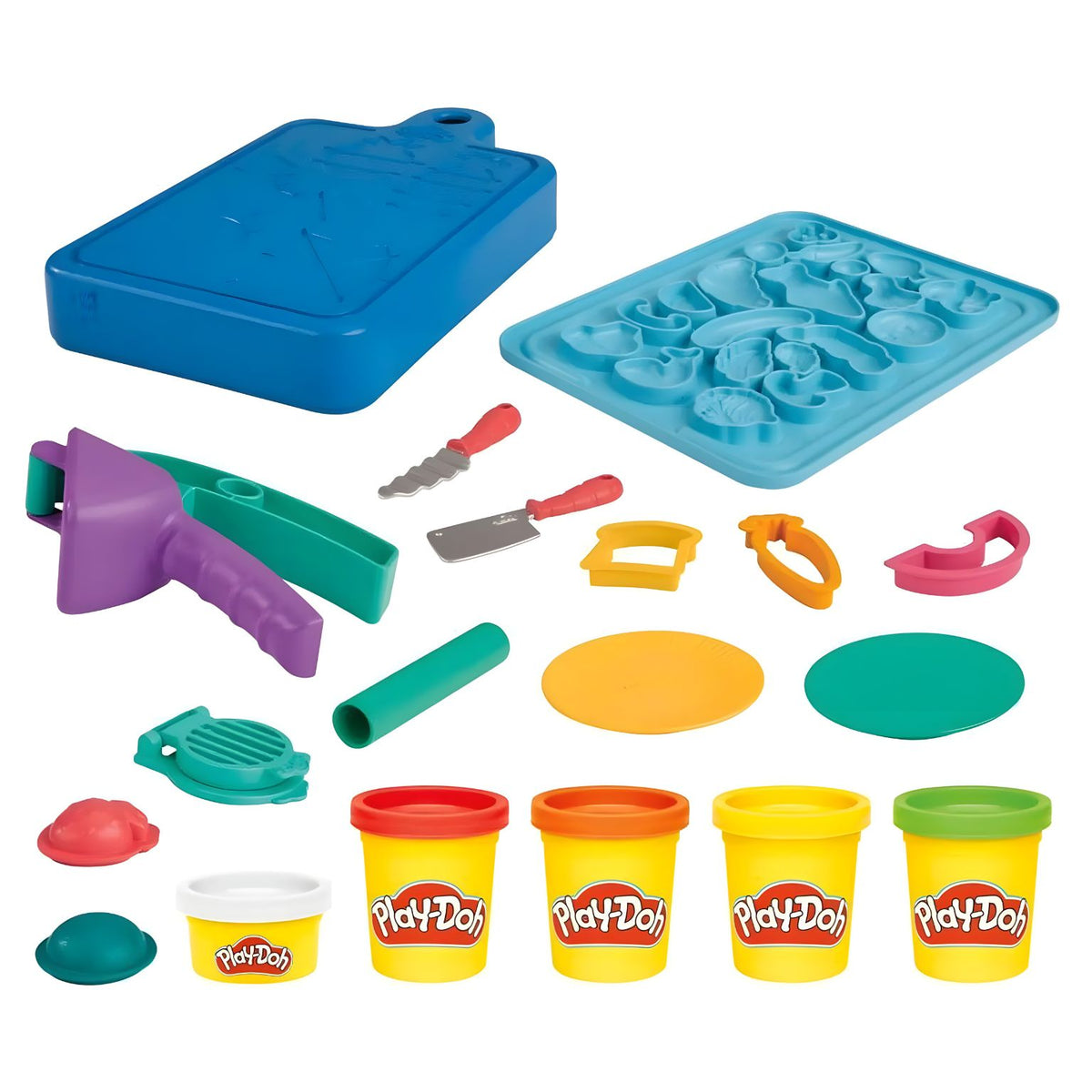 Conteúdo do kit Play-Doh Pequenos Chefes com tábua, acessórios de cozinha e cinco potes de massa