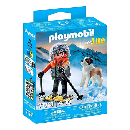 Playmobil Senderismo con San Bernardo con explorador de invierno, perro San Bernardo y accesorios de senderismo en la nieve