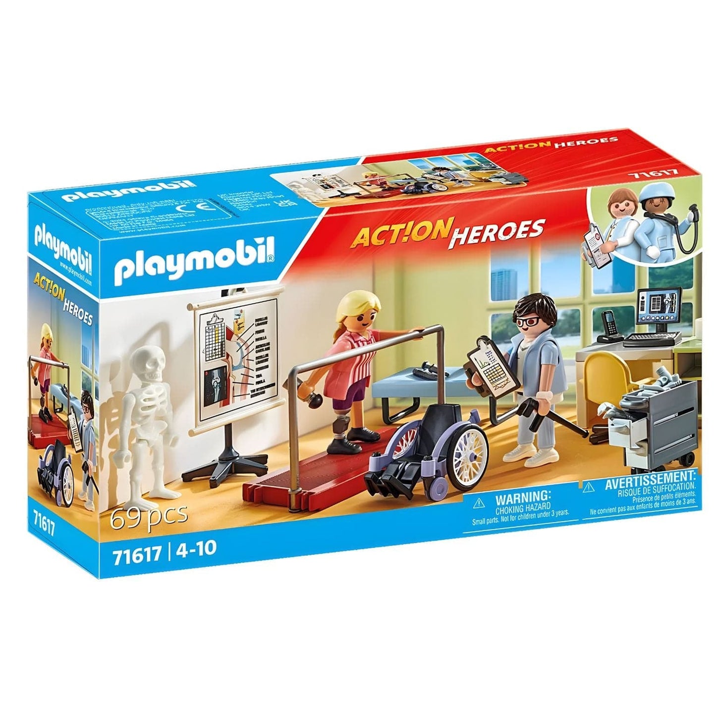 Playmobil City Life Ortopedia com paciente em cadeira de rodas, profissional de saúde, mesa de consulta e zona de reabilitação