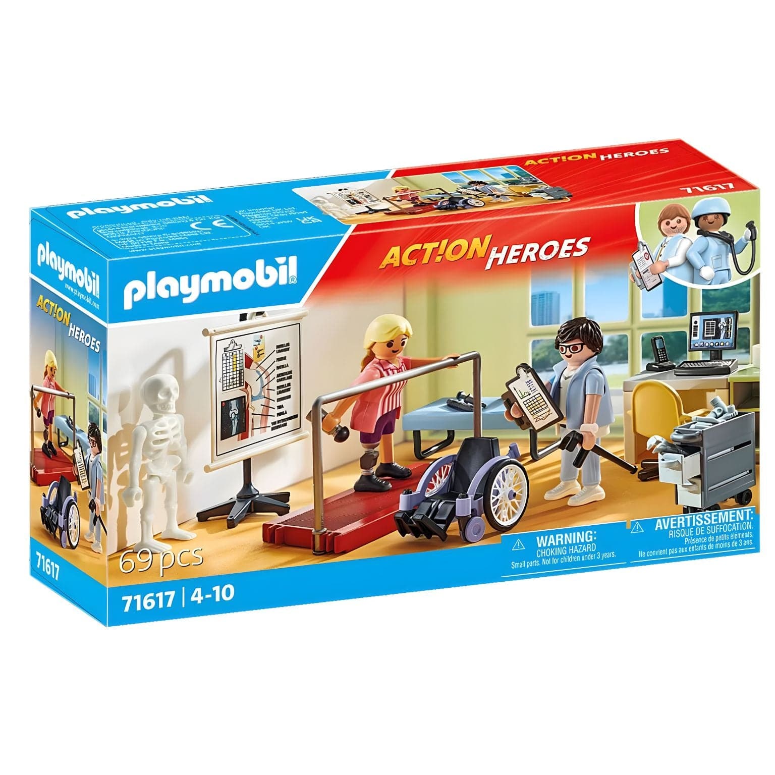 Playmobil City Life Ortopedia com paciente em cadeira de rodas, profissional de saúde, mesa de consulta e zona de reabilitação