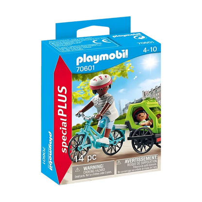 Playmobil Excursión en Bicicleta con adulto pedaleando y niño en remolque de paseo en el parque