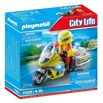 Playmobil Moto de Emergencias con luz intermitente con figura de socorrista y moto amarilla con luz azul