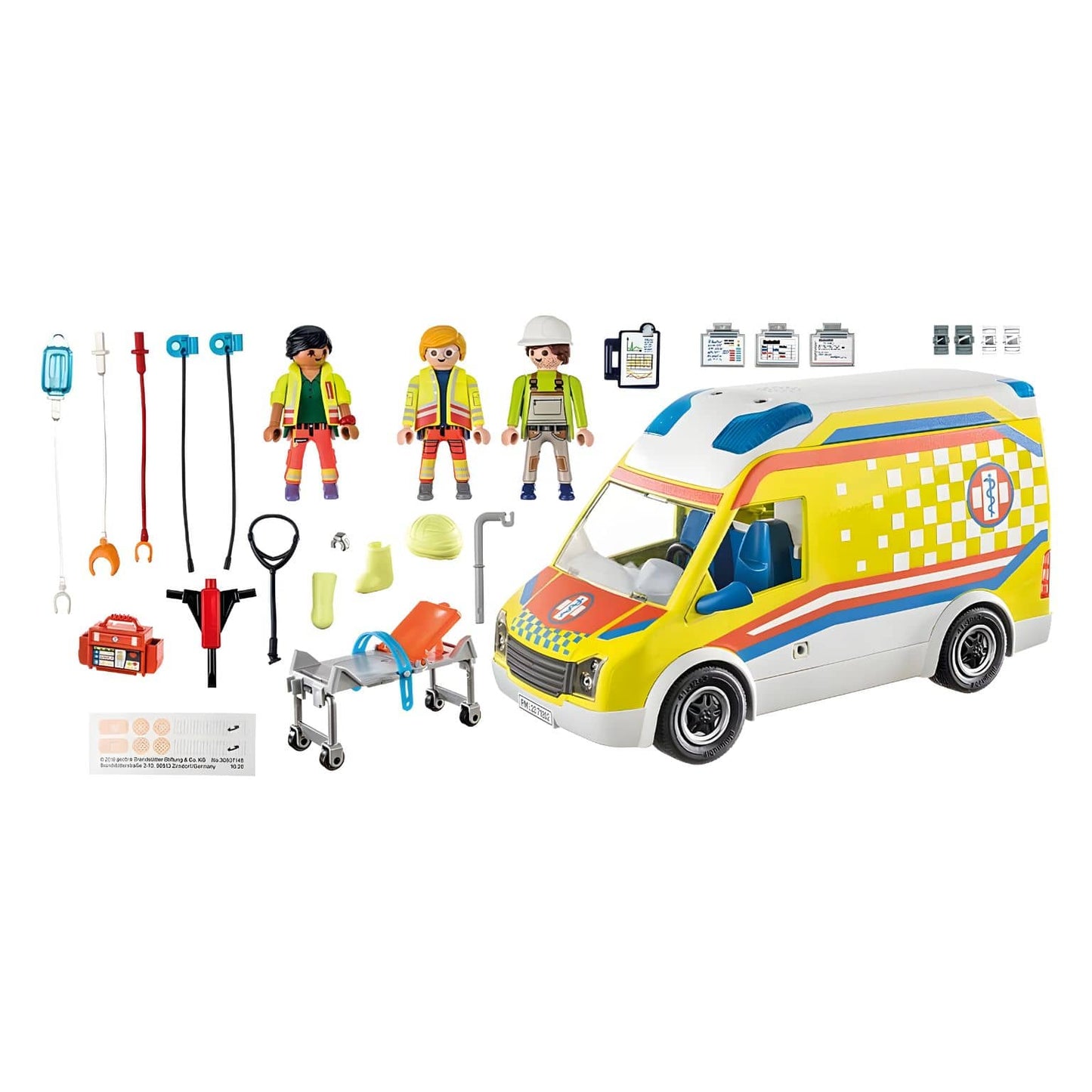 Vista lateral da PLAYMOBIL 71202 ambulância com luz e som pronta para uma missão de resgate