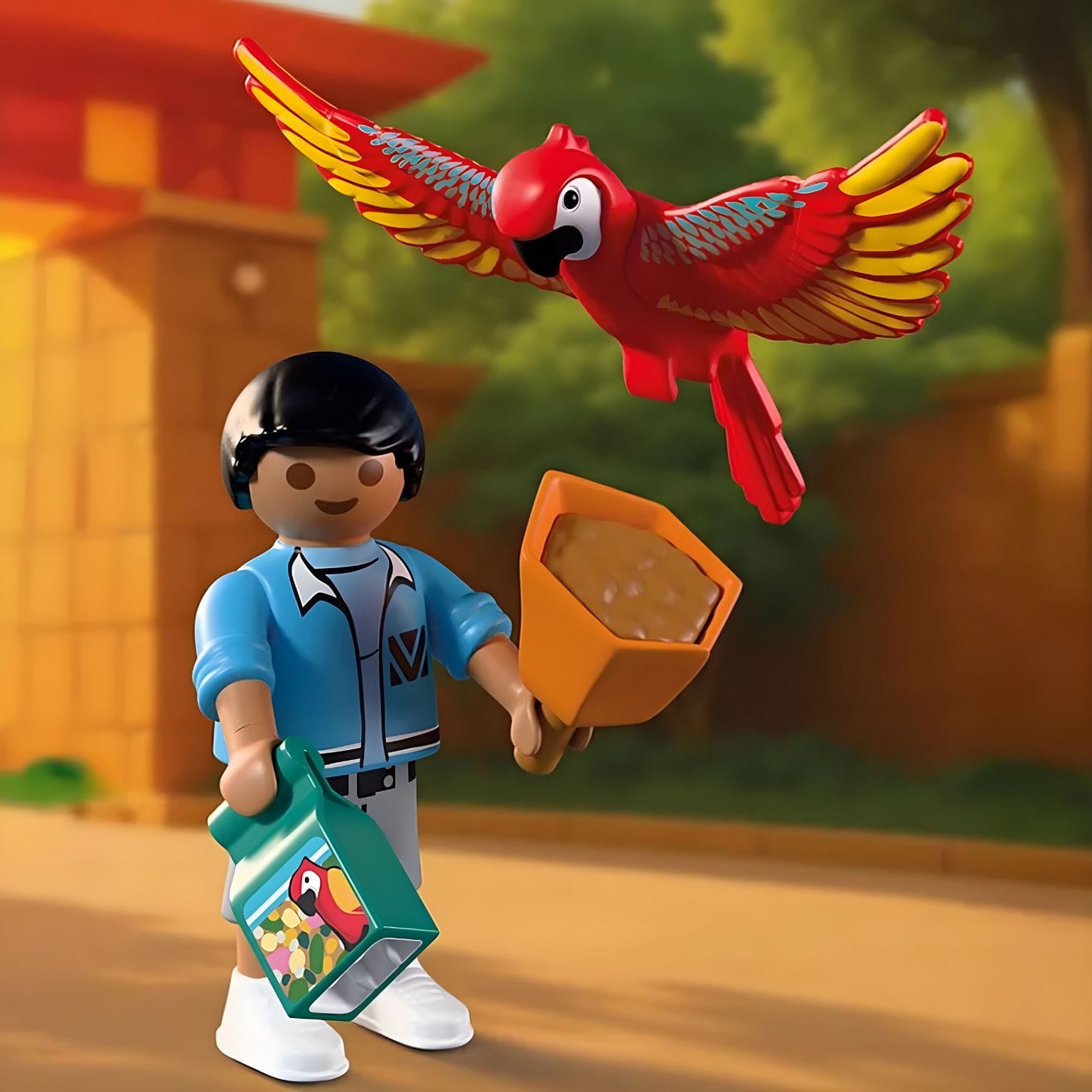Playmobil 72074 Zoo Mascote com traje colorido de papagaio no jardim zoológico