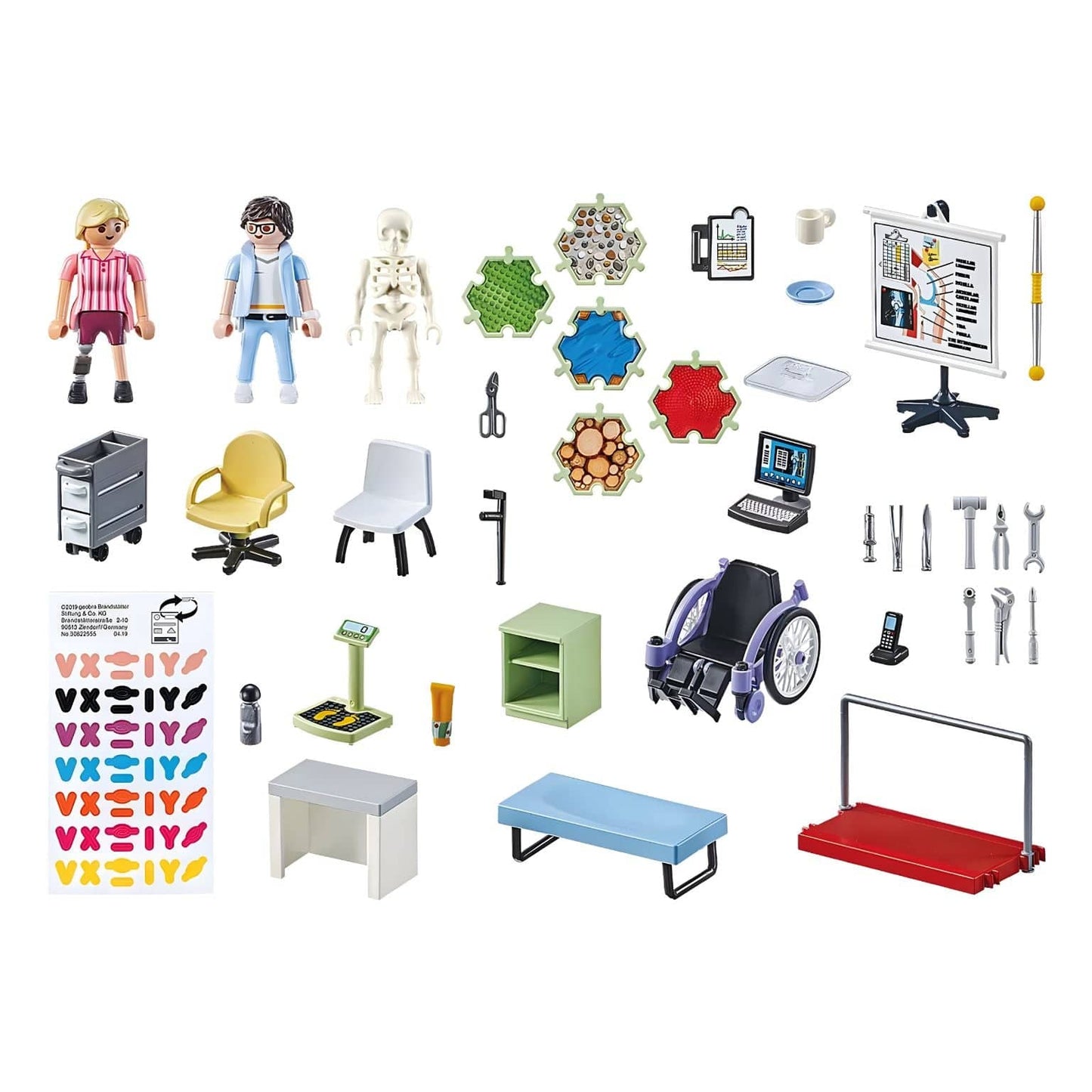 Playmobil City Life Ortopedia com paciente em cadeira de rodas, profissional de saúde, mesa de consulta e zona de reabilitação