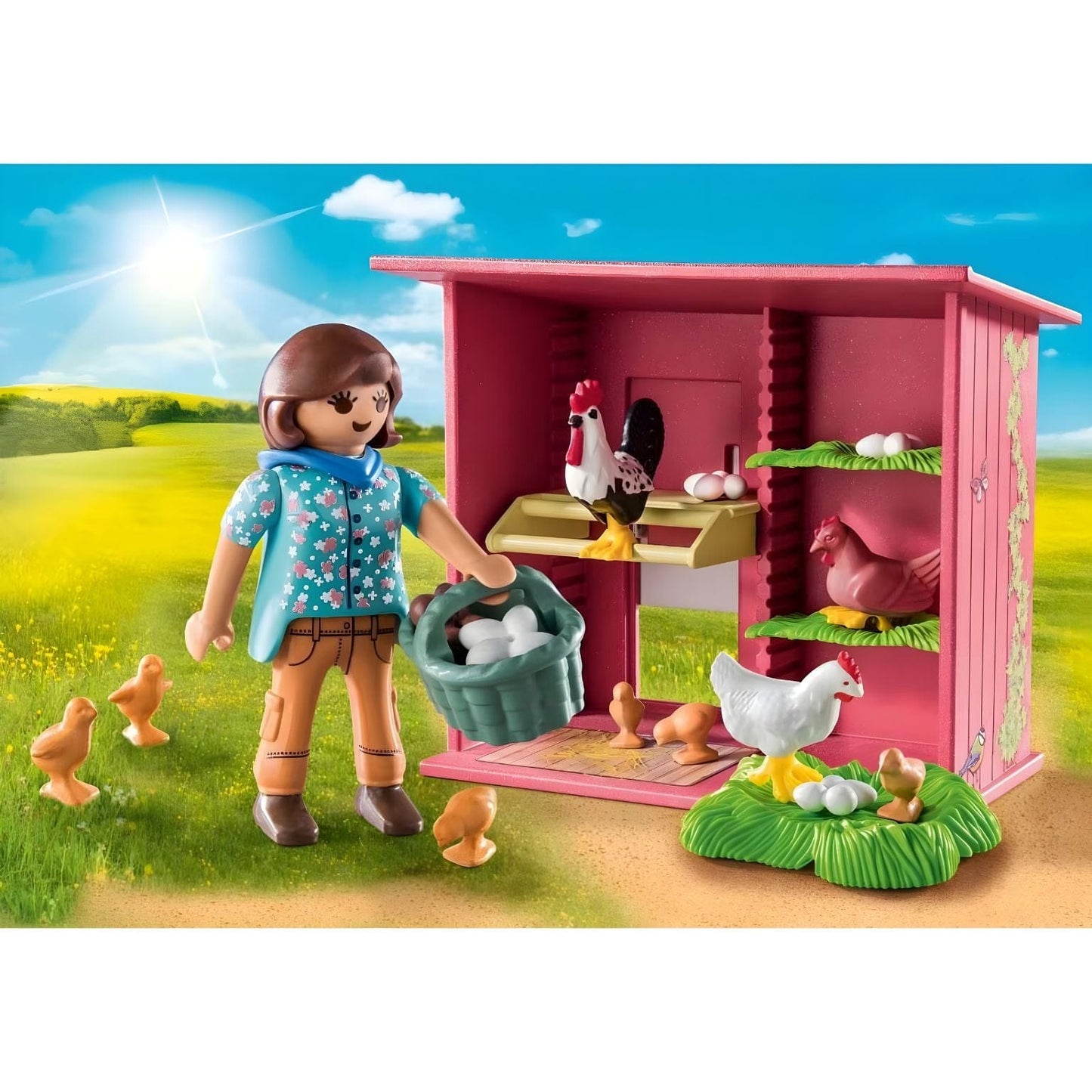 Playmobil Country 71308 Galinheiro com figura infantil, galinhas, pintainhos e ovos numa quinta colorida