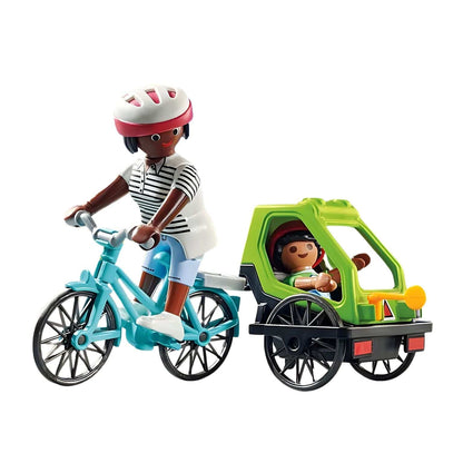 Playmobil Excursión en Bicicleta con adulto pedaleando y niño en remolque de paseo en el parque