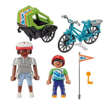 Playmobil Excursión en Bicicleta con adulto pedaleando y niño en remolque de paseo en el parque