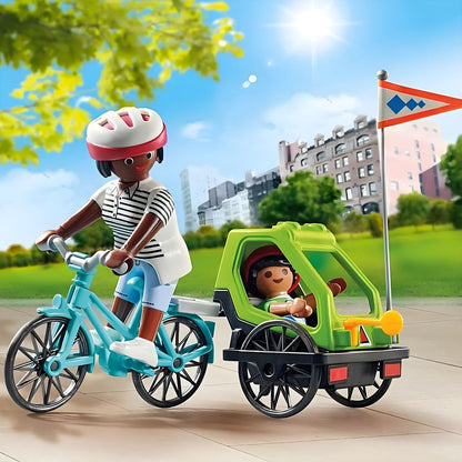 Playmobil Excursión en Bicicleta con adulto pedaleando y niño en remolque de paseo en el parque