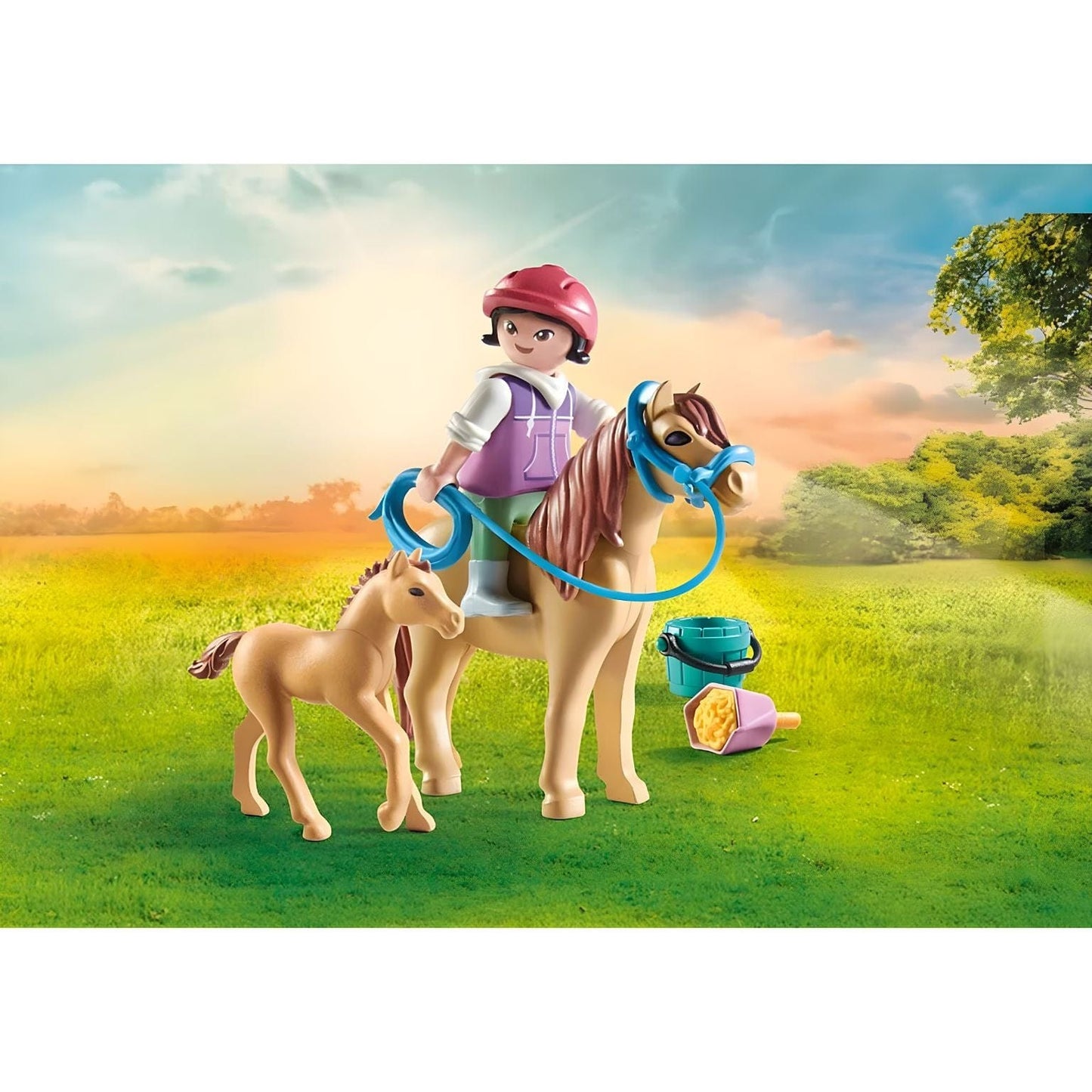 Playmobil Menina com pónei e potro com acessorios de cuidados e passeio no campo