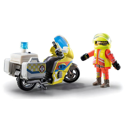 Playmobil Moto de Emergencias con luz intermitente con figura de socorrista y moto amarilla con luz azul