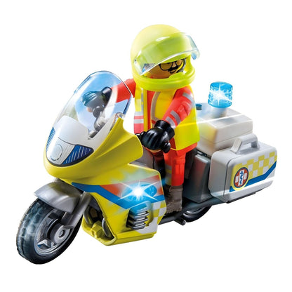Playmobil Moto de Emergencias con luz intermitente con figura de socorrista y moto amarilla con luz azul