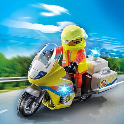 Playmobil Moto de Emergencias con luz intermitente con figura de socorrista y moto amarilla con luz azul
