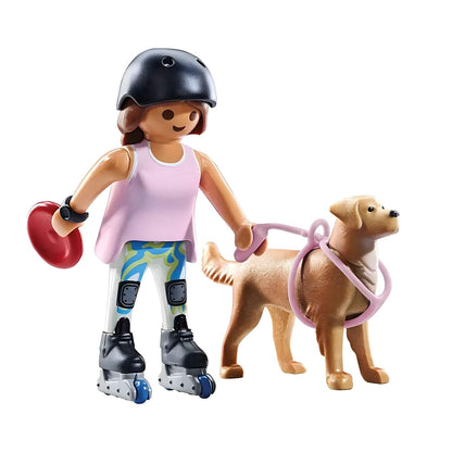 Playmobil Patinadora con Retriever con casco, patines y disco paseando perro en el parque