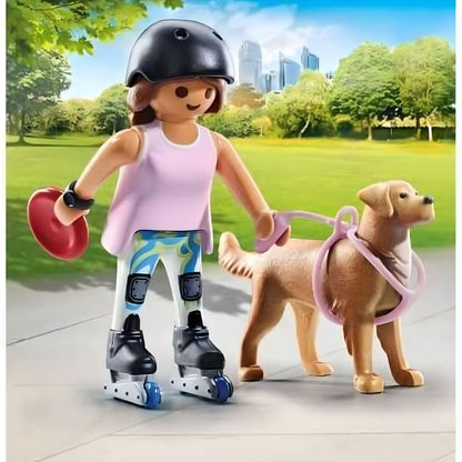 Playmobil Patinadora con Retriever con casco, patines y disco paseando perro en el parque
