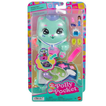 Polly Pocket - Estuche del gato de mascota compacto en forma de gatito con escenario sorpresa y accesorios