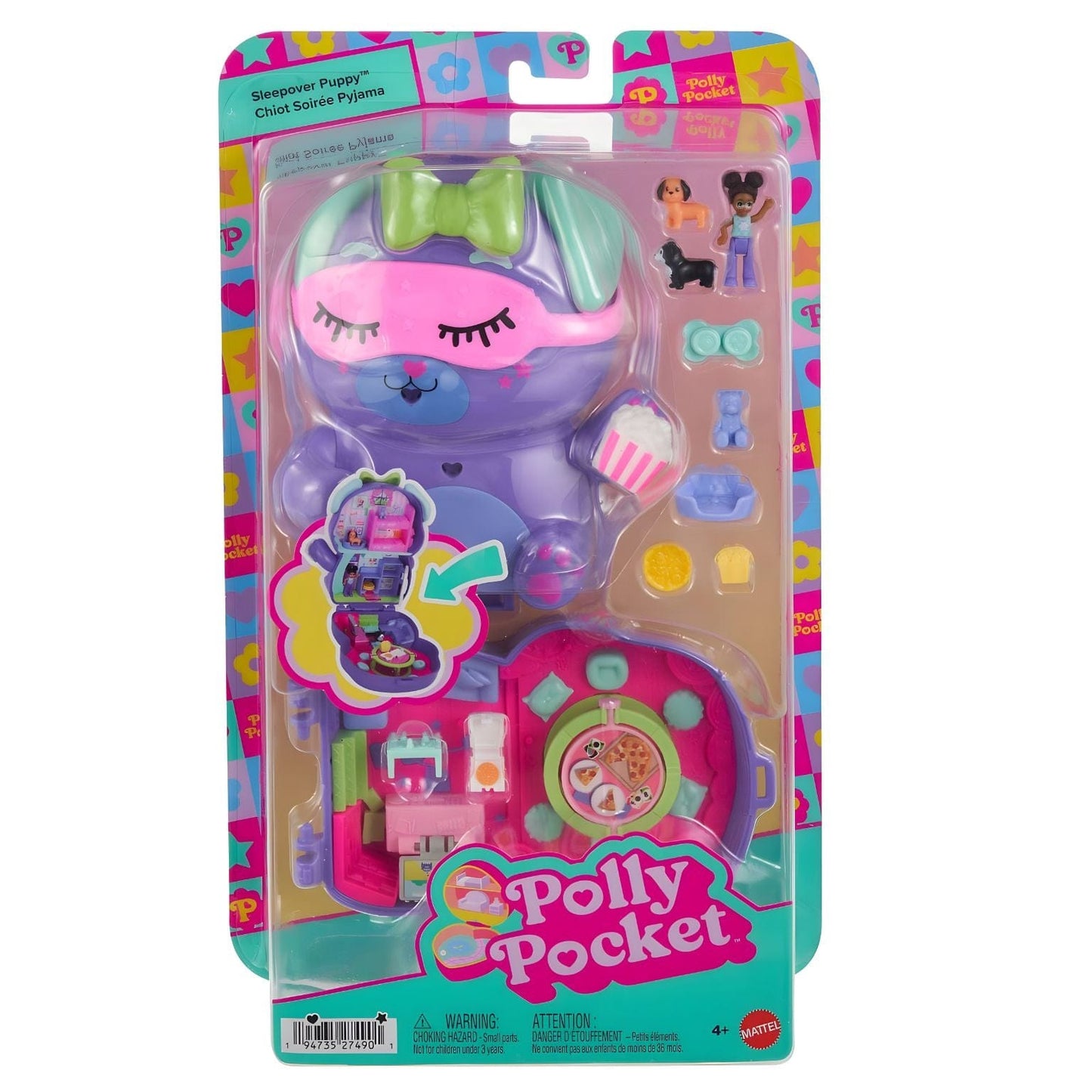 Polly Pocket Festa do Pijama do Cão compacto em forma de cachorrinho com mini cenários de festa do pijama e figuras
