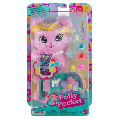 Polly Pocket Hora del Té con el conejito compacto rosa, escenario de jardín, fiesta del té, miniaturas