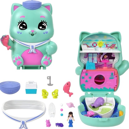 Polly Pocket - Estuche del gato de mascota compacto en forma de gatito con escenario sorpresa y accesorios