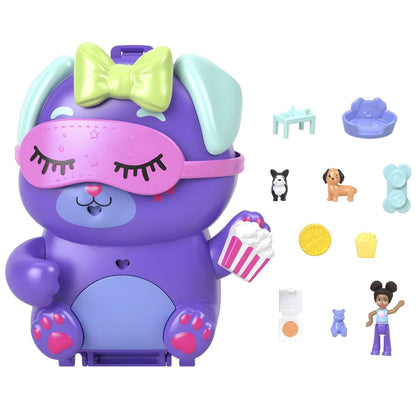 Polly Pocket Fiesta de Pijamas del Perro compacto en forma de perrito con mini escenarios de fiesta de pijamas y figuras