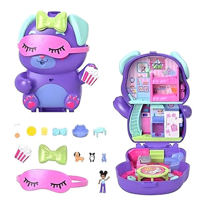 Polly Pocket Fiesta de Pijamas del Perro compacto en forma de perrito con mini escenarios de fiesta de pijamas y figuras