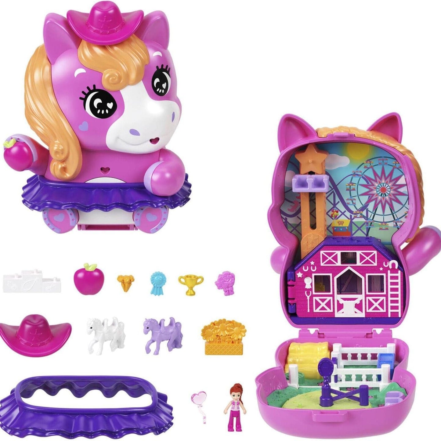 criança a brincar com o compacto Polly Pocket Poney Rodéo com cenário de rodeio e póneis