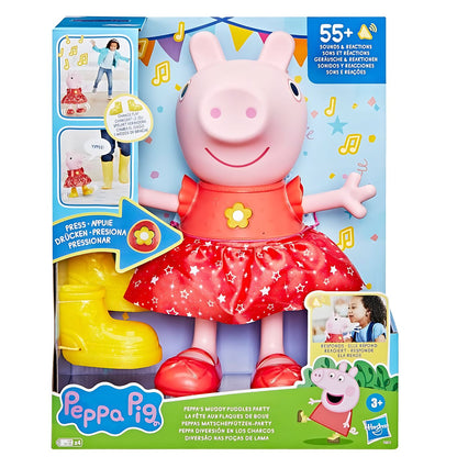 Porquinha Peppa Grande Diversão na Lama na embalagem Hasbro, com vestido vermelho e botas amarelas