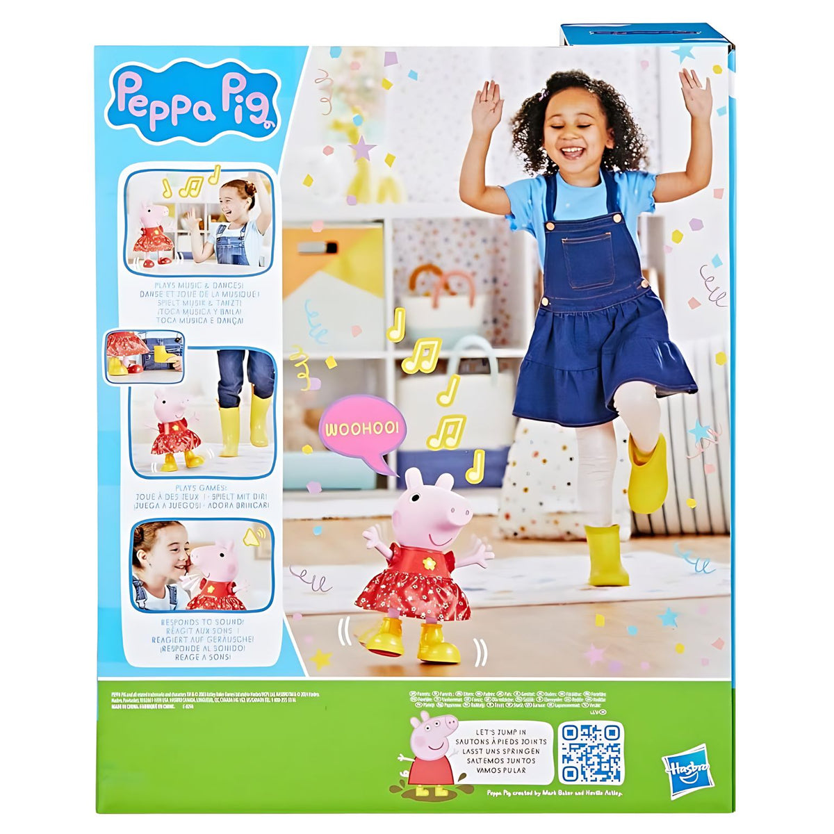 Verso da embalagem Peppa Pig com exemplos de dança, jogos e interação com sons