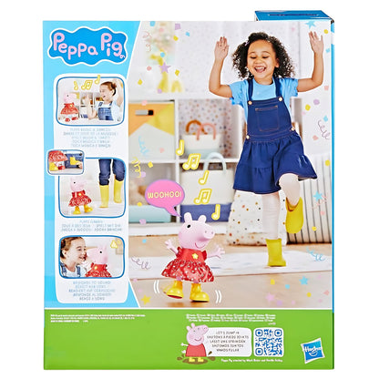 Verso da embalagem Peppa Pig com exemplos de dança, jogos e interação com sons