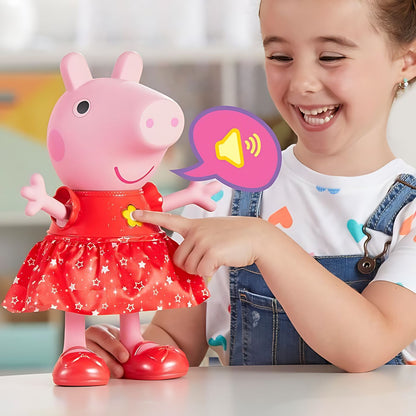 Criança a pressionar o botão em forma de flor no vestido da boneca Peppa
